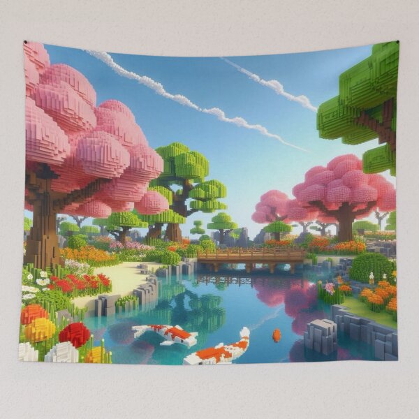 Item preview, Minecraft world, Japanese garden, cherry blossom trees, Japan, gaming, blue sky, pixel art, blocky digital landscape designed and sold by Sugar Wisdom .