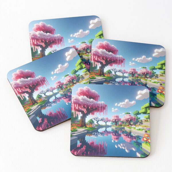 Item preview, Minecraft world, Japanese garden, cherry blossom trees, Japan, gaming, blue sky, pixel art, blocky digital landscape designed and sold by Sugar Wisdom .