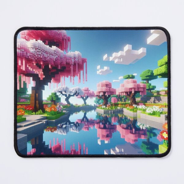 Item preview, Minecraft world, Japanese garden, cherry blossom trees, Japan, gaming, blue sky, pixel art, blocky digital landscape designed and sold by Sugar Wisdom .
