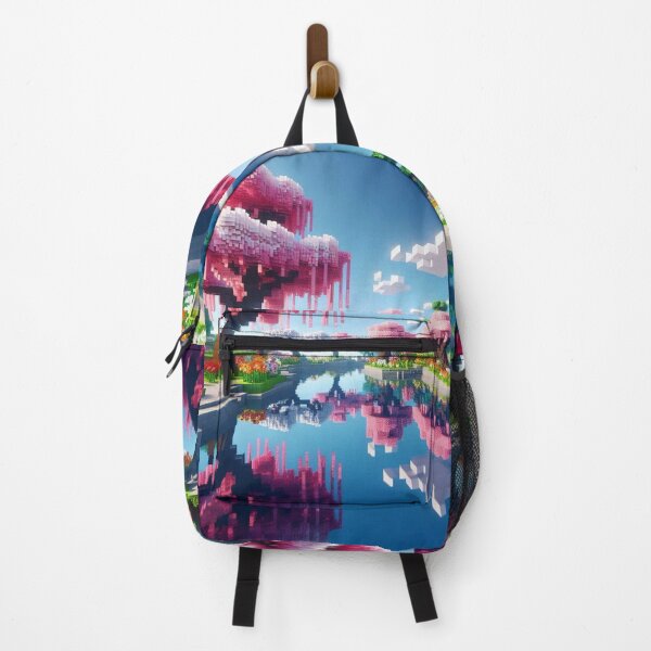 Item preview, Minecraft world, Japanese garden, cherry blossom trees, Japan, gaming, blue sky, pixel art, blocky digital landscape designed and sold by Sugar Wisdom .