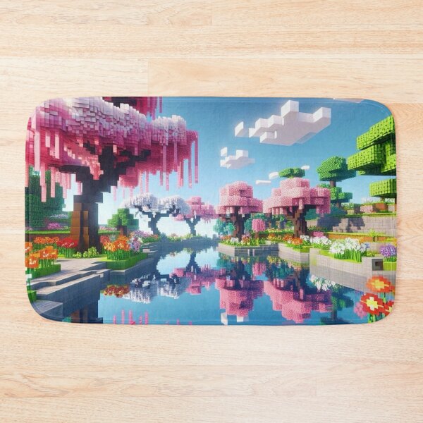 Item preview, Minecraft world, Japanese garden, cherry blossom trees, Japan, gaming, blue sky, pixel art, blocky digital landscape designed and sold by Sugar Wisdom .