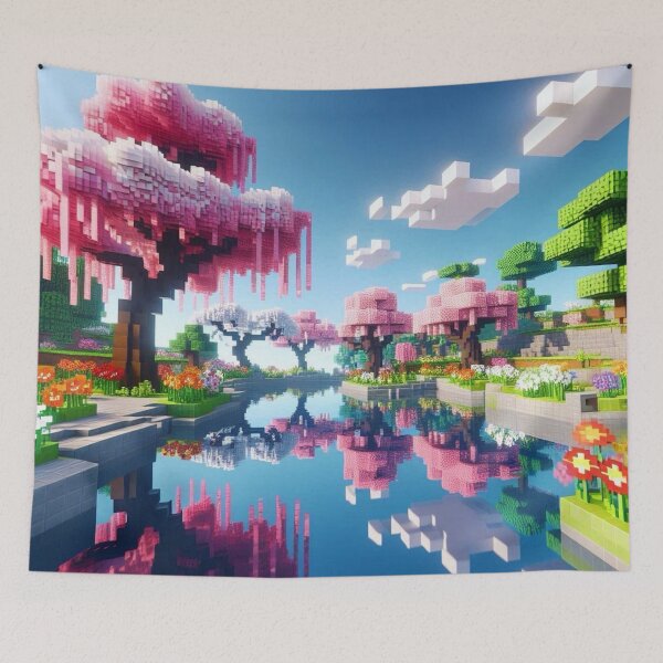 Item preview, Minecraft world, Japanese garden, cherry blossom trees, Japan, gaming, blue sky, pixel art, blocky digital landscape designed and sold by Sugar Wisdom .