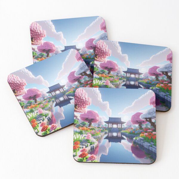 Item preview, Minecraft world, Japanese garden, cherry blossom trees, Japan, gaming, blue sky, pixel art, blocky digital landscape designed and sold by Sugar Wisdom .