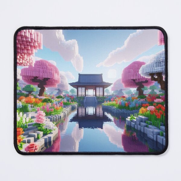 Item preview, Minecraft world, Japanese garden, cherry blossom trees, Japan, gaming, blue sky, pixel art, blocky digital landscape designed and sold by Sugar Wisdom .