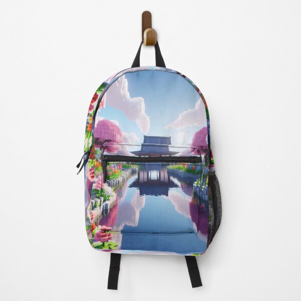 Item preview, Minecraft world, Japanese garden, cherry blossom trees, Japan, gaming, blue sky, pixel art, blocky digital landscape designed and sold by Sugar Wisdom .