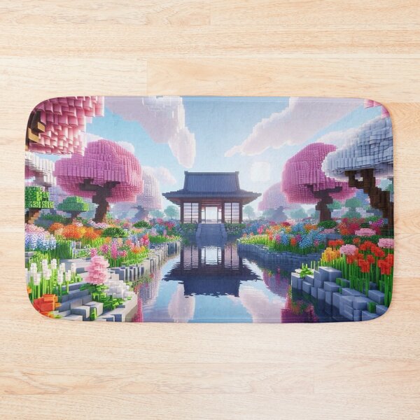 Item preview, Minecraft world, Japanese garden, cherry blossom trees, Japan, gaming, blue sky, pixel art, blocky digital landscape designed and sold by Sugar Wisdom .