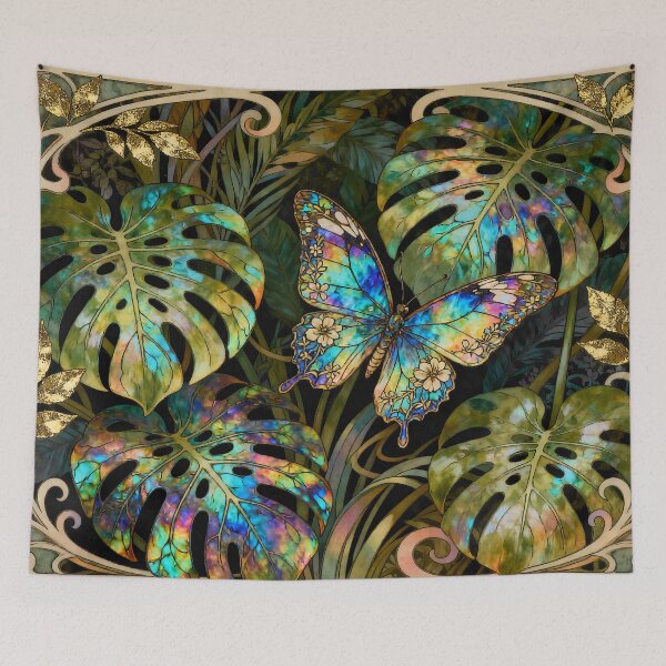 Aperçu de l'œuvre Papillon arc-en-ciel en ammolite nouvelle avec des feuilles de monstera créée et vendue par FloatingGardens.