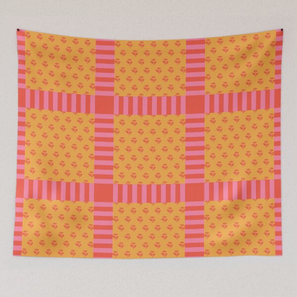 Item preview, Eclectic Cottage Floral Grid in Vibrant Pink Orange Yellow designed and sold by kierkegaard.