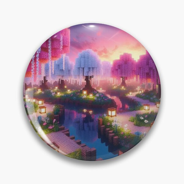 Item preview, Minecraft world, Japanese garden, cherry blossom trees, Japan, gaming, blue sky, pixel art, blocky digital landscape designed and sold by Sugar Wisdom .