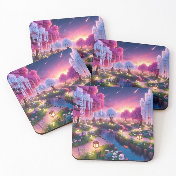 Item preview, Minecraft world, Japanese garden, cherry blossom trees, Japan, gaming, blue sky, pixel art, blocky digital landscape designed and sold by Sugar Wisdom .