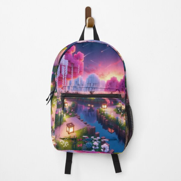 Item preview, Minecraft world, Japanese garden, cherry blossom trees, Japan, gaming, blue sky, pixel art, blocky digital landscape designed and sold by Sugar Wisdom .