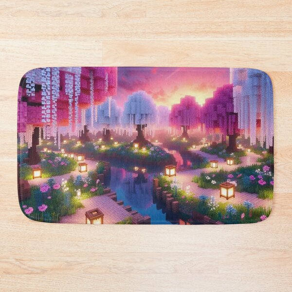 Item preview, Minecraft world, Japanese garden, cherry blossom trees, Japan, gaming, blue sky, pixel art, blocky digital landscape designed and sold by Sugar Wisdom .