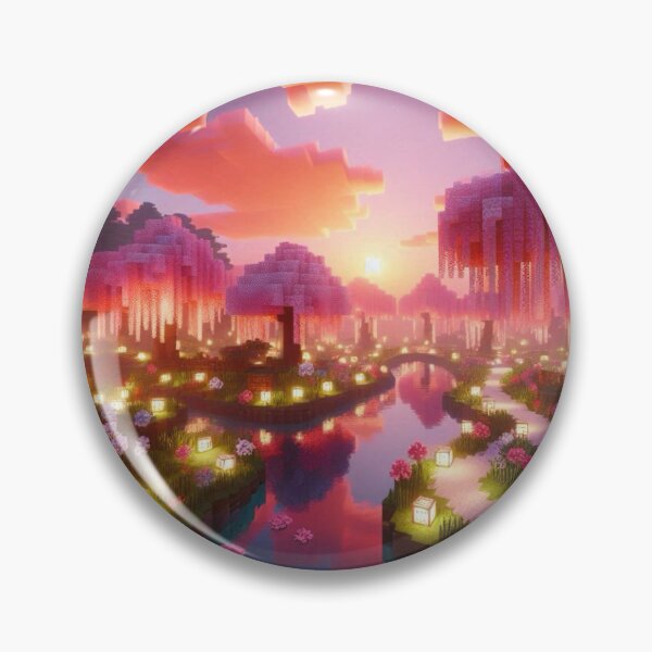 Item preview, Minecraft world, Japanese garden, cherry blossom trees, Japan, gaming, blue sky, pixel art, blocky digital landscape designed and sold by Sugar Wisdom .