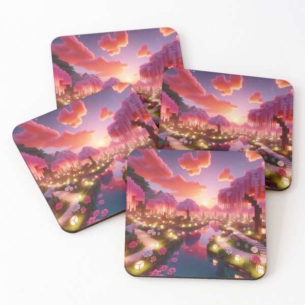 Item preview, Minecraft world, Japanese garden, cherry blossom trees, Japan, gaming, blue sky, pixel art, blocky digital landscape designed and sold by Sugar Wisdom .