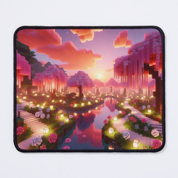 Item preview, Minecraft world, Japanese garden, cherry blossom trees, Japan, gaming, blue sky, pixel art, blocky digital landscape designed and sold by Sugar Wisdom .