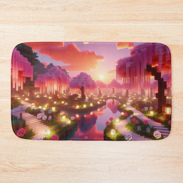 Item preview, Minecraft world, Japanese garden, cherry blossom trees, Japan, gaming, blue sky, pixel art, blocky digital landscape designed and sold by Sugar Wisdom .