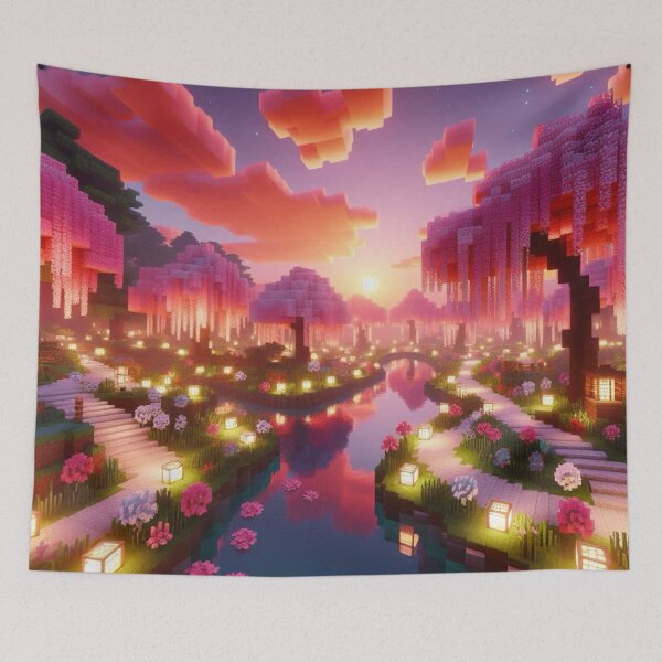 Item preview, Minecraft world, Japanese garden, cherry blossom trees, Japan, gaming, blue sky, pixel art, blocky digital landscape designed and sold by Sugar Wisdom .
