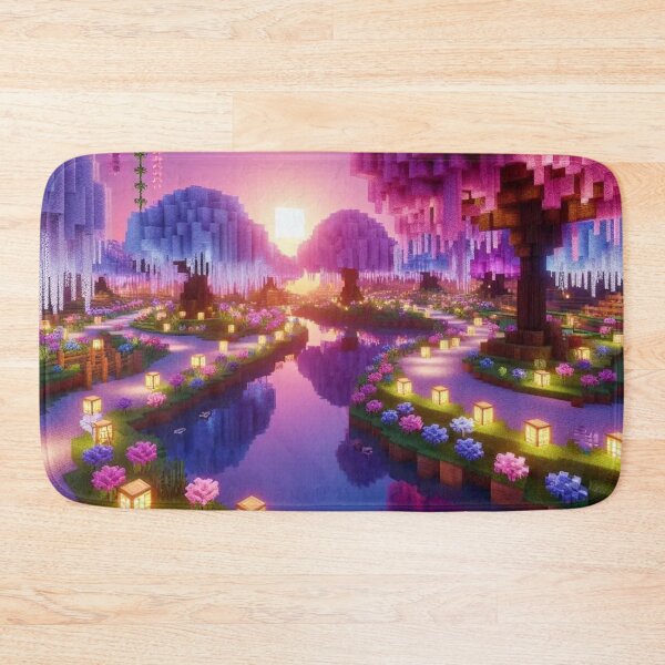 Item preview, Minecraft world, Japanese garden, cherry blossom trees, Japan, gaming, blue sky, pixel art, blocky digital landscape designed and sold by Sugar Wisdom .