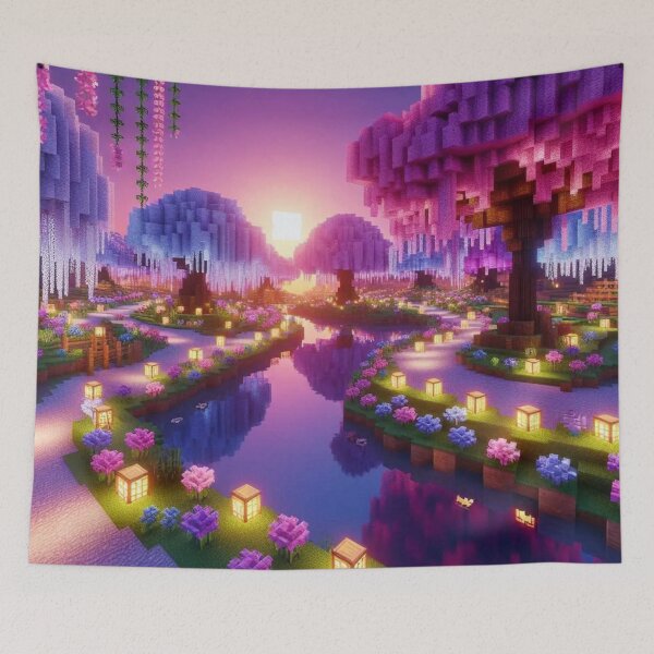 Item preview, Minecraft world, Japanese garden, cherry blossom trees, Japan, gaming, blue sky, pixel art, blocky digital landscape designed and sold by Sugar Wisdom .