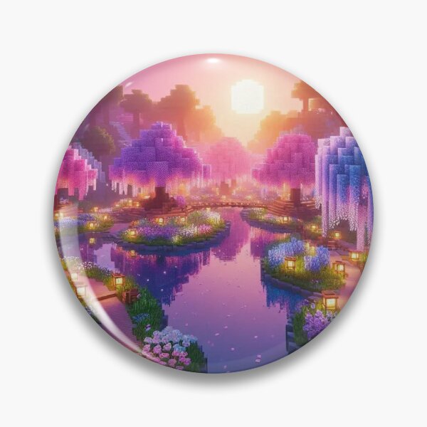Item preview, Minecraft world, Japanese garden, cherry blossom trees, Japan, gaming, blue sky, pixel art, blocky digital landscape designed and sold by Sugar Wisdom .