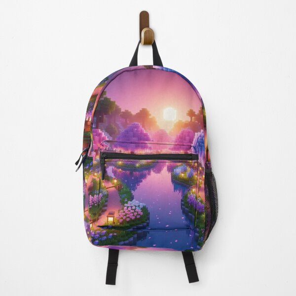 Item preview, Minecraft world, Japanese garden, cherry blossom trees, Japan, gaming, blue sky, pixel art, blocky digital landscape designed and sold by Sugar Wisdom .