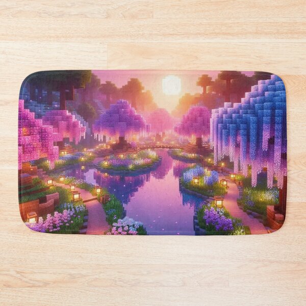 Item preview, Minecraft world, Japanese garden, cherry blossom trees, Japan, gaming, blue sky, pixel art, blocky digital landscape designed and sold by Sugar Wisdom .