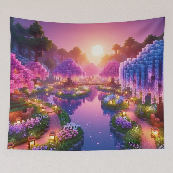 Item preview, Minecraft world, Japanese garden, cherry blossom trees, Japan, gaming, blue sky, pixel art, blocky digital landscape designed and sold by Sugar Wisdom .