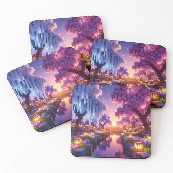Item preview, Minecraft world, Japanese garden, cherry blossom trees, Japan, gaming, blue sky, pixel art, blocky digital landscape designed and sold by Sugar Wisdom .