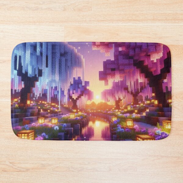 Item preview, Minecraft world, Japanese garden, cherry blossom trees, Japan, gaming, blue sky, pixel art, blocky digital landscape designed and sold by Sugar Wisdom .