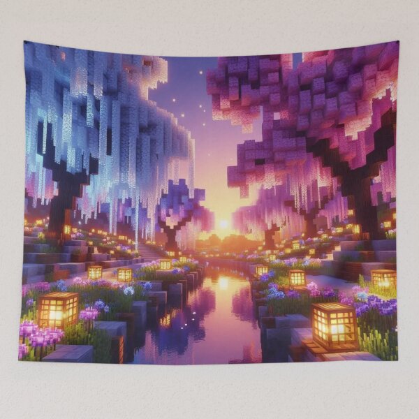 Item preview, Minecraft world, Japanese garden, cherry blossom trees, Japan, gaming, blue sky, pixel art, blocky digital landscape designed and sold by Sugar Wisdom .