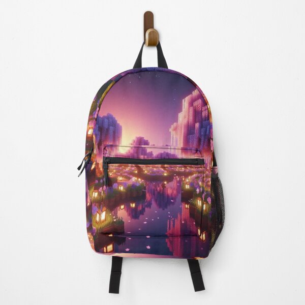 Item preview, Minecraft world, Japanese garden, cherry blossom trees, Japan, gaming, blue sky, pixel art, blocky digital landscape designed and sold by Sugar Wisdom .