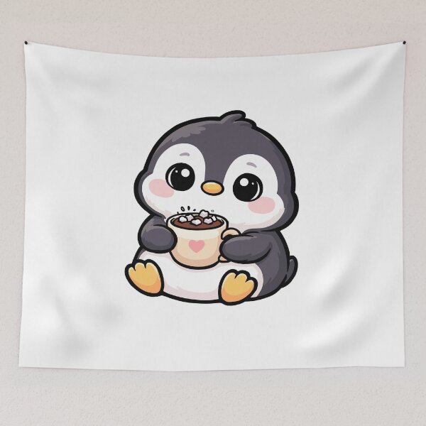 Item preview, Kawaii Penguin Drinking Hot Chocolate – Cozy Winter Illustration designed and sold by CozyCritterShop.