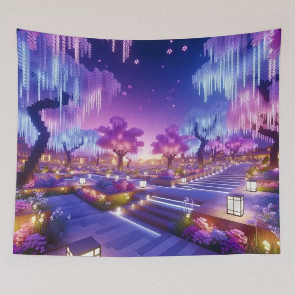 Item preview, Minecraft world, Japanese garden, cherry blossom trees, Japan, gaming, blue sky, pixel art, blocky digital landscape designed and sold by Sugar Wisdom .