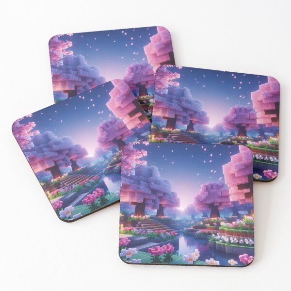 Item preview, Minecraft world, Japanese garden, cherry blossom trees, Japan, gaming, blue sky, pixel art, blocky digital landscape designed and sold by Sugar Wisdom .