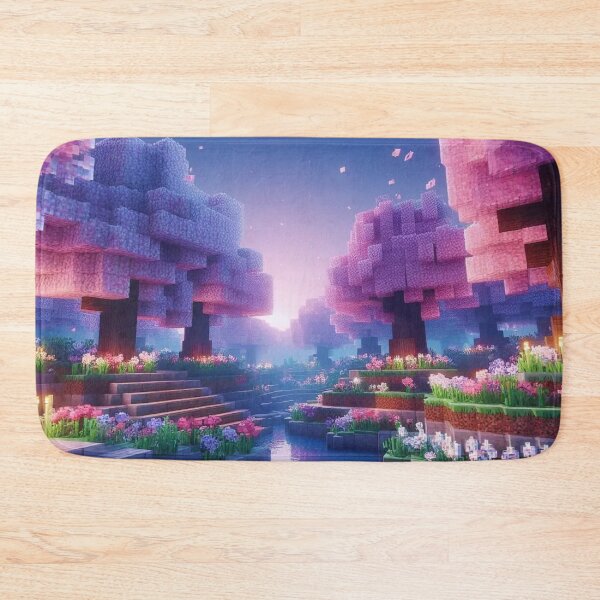 Item preview, Minecraft world, Japanese garden, cherry blossom trees, Japan, gaming, blue sky, pixel art, blocky digital landscape designed and sold by Sugar Wisdom .