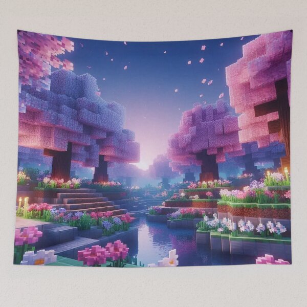 Item preview, Minecraft world, Japanese garden, cherry blossom trees, Japan, gaming, blue sky, pixel art, blocky digital landscape designed and sold by Sugar Wisdom .