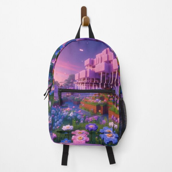 Item preview, Minecraft world, Japanese garden, cherry blossom trees, Japan, gaming, blue sky, pixel art, blocky digital landscape designed and sold by Sugar Wisdom .