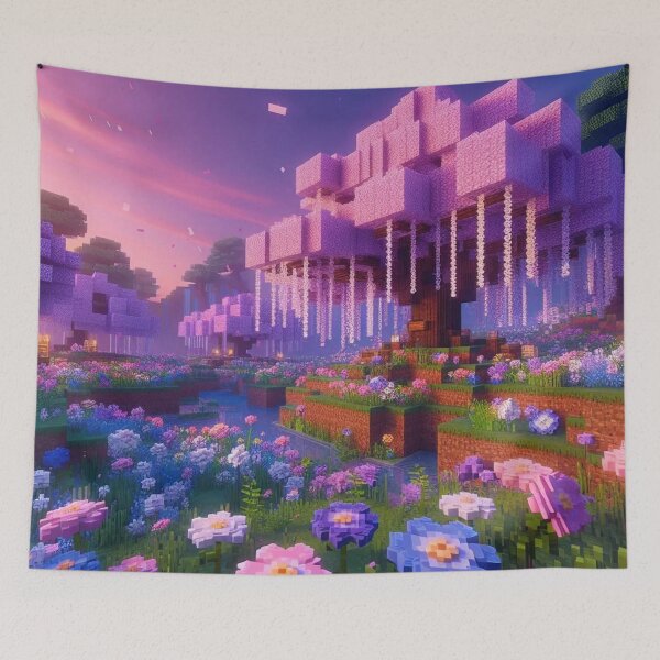 Item preview, Minecraft world, Japanese garden, cherry blossom trees, Japan, gaming, blue sky, pixel art, blocky digital landscape designed and sold by Sugar Wisdom .