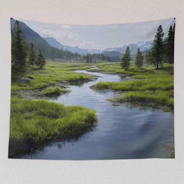 Item preview, Serene Alpine River Valley – Lush Green Meadow & Mountain Mist designed and sold by EK-World.