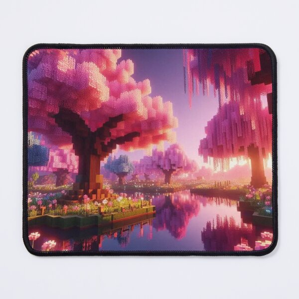 Item preview, Minecraft world, Japanese garden, cherry blossom trees, Japan, gaming, blue sky, pixel art, blocky digital landscape designed and sold by Sugar Wisdom .