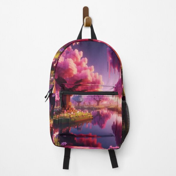 Item preview, Minecraft world, Japanese garden, cherry blossom trees, Japan, gaming, blue sky, pixel art, blocky digital landscape designed and sold by Sugar Wisdom .