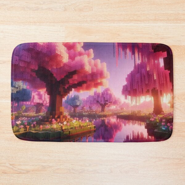 Item preview, Minecraft world, Japanese garden, cherry blossom trees, Japan, gaming, blue sky, pixel art, blocky digital landscape designed and sold by Sugar Wisdom .