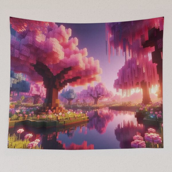 Item preview, Minecraft world, Japanese garden, cherry blossom trees, Japan, gaming, blue sky, pixel art, blocky digital landscape designed and sold by Sugar Wisdom .