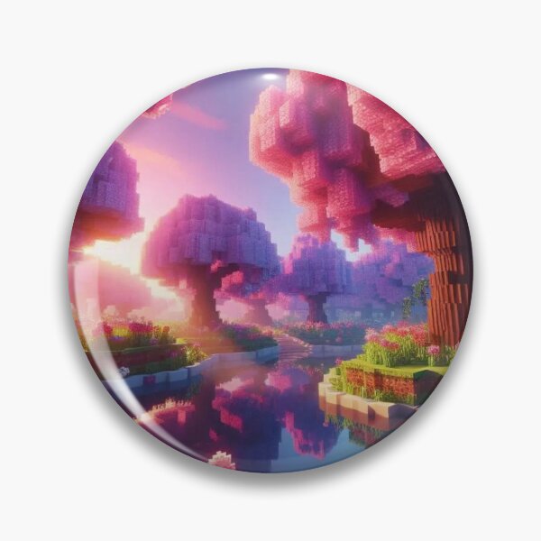 Item preview, Minecraft world, Japanese garden, cherry blossom trees, Japan, gaming, blue sky, pixel art, blocky digital landscape designed and sold by Sugar Wisdom .