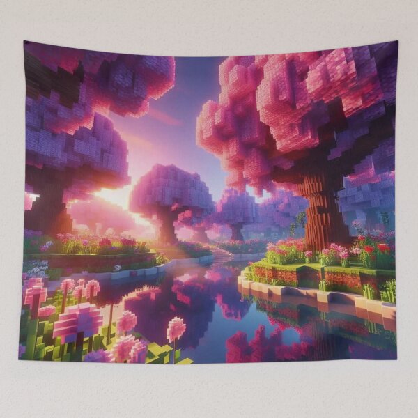 Item preview, Minecraft world, Japanese garden, cherry blossom trees, Japan, gaming, blue sky, pixel art, blocky digital landscape designed and sold by Sugar Wisdom .