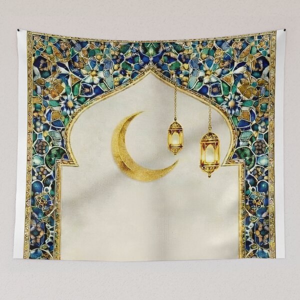 Aperçu de l'œuvre Elegant Islamic Arch with Golden Crescent and Lanterns – Timeless Islamic Wall Art créée et vendue par Fifidesign00.