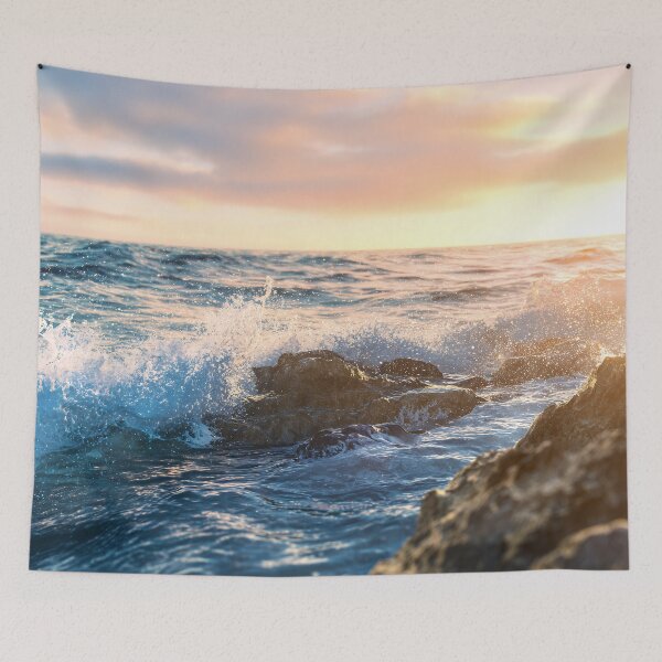 Item preview, Golden Sunrise Waves on Rocks – Serene Ocean Glow designed and sold by EK-World.