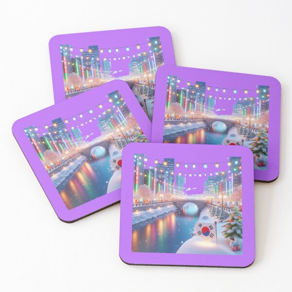 Item preview, Cheonggyecheon, Korea – Colorful Winter City Landscape Label  designed and sold by PaintMeWorld.