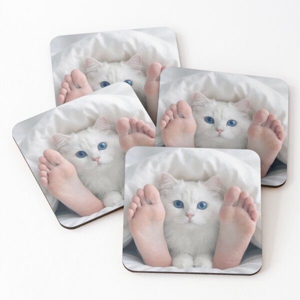 Item preview, White Cat Snuggling with Human Feet designed and sold by Maria Dryfhout.