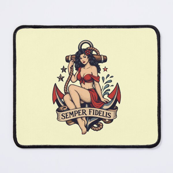 Item preview, Traditional Old School Pin-Up Girl on Anchor "Semper Fidelis" Tattoo Flash Art designed and sold by 89BLACK.